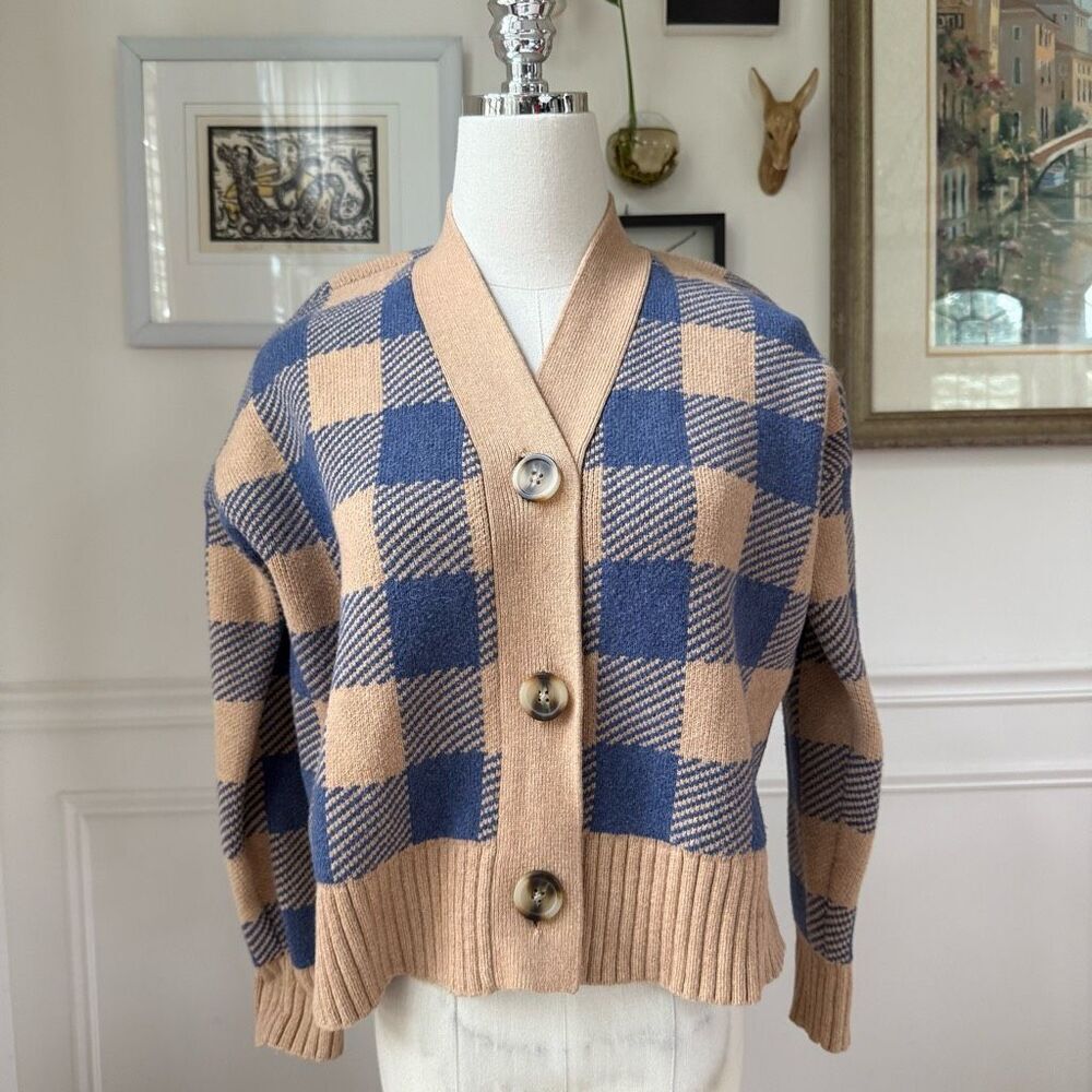 NWOT Madewell Bayberry Cardigan Sweater in Buffalo Check Beige Blue $110 XS - Picture 2 of 10